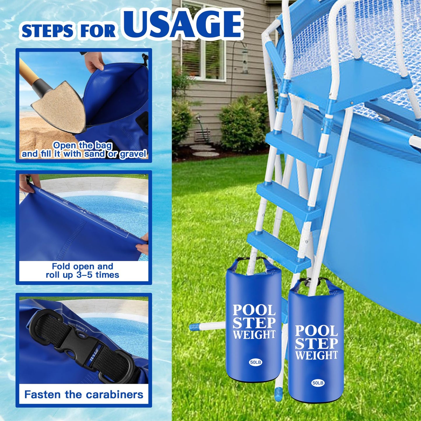2Pcs Blue Pool Step Weights, 50LB PVC Waterproof Swimming Pool Ladder Weights Sand Bags Foldable Pool Stair Weights for In Ground and Above Ground Pools