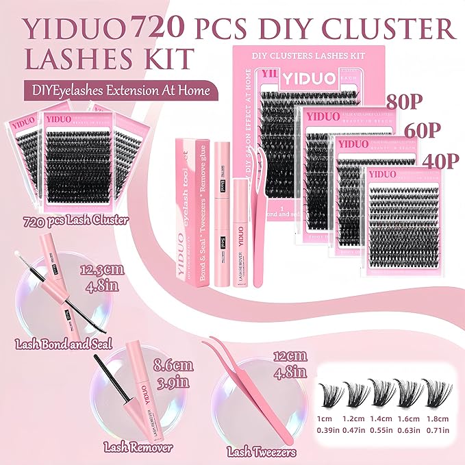 YIDUO Lashes Extensions Kit 3 Styles 8-18mm Wispy D Curly 40P+60P+80P Clusters Kit 720Pcs Individual Volume DIY Eyelash Extension Kit with Bond&Seal |Tweezers | Removers for Beginners