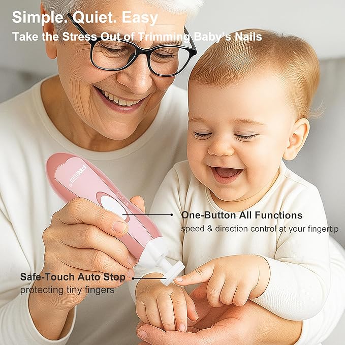 Fansidi Upgraded Baby Nail File | Easy & Safe Baby Nail Trimmer, Precise 4-Stage Electric Nail Clipper for Newborn to Toddler Girl, with Soft LED Light & 18 Grinding Heads, Perfect Baby Shower Gift