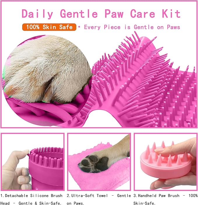 Dog Paw Cleaner Kit for L/XL Dogs - Quick Clean No Full Bath, 2-in-1 Paw Wash Cup with Detachable Silicone Brush Head, Includes Bath Brush & 3 Absorbent Towels, Pink