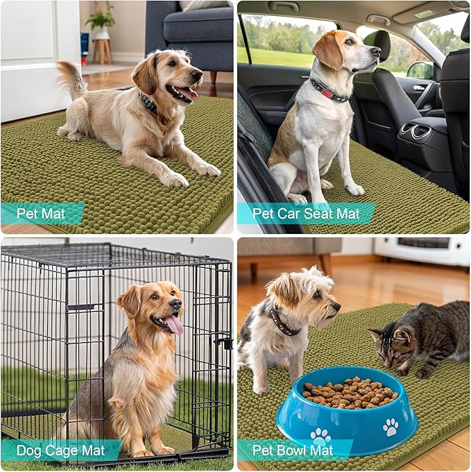 OLANLY Dog Door Mat for Muddy Paws 40x24, Absorbs Moisture and Dirt, Absorbent Non-Slip Washable Doormat, Quick Dry Chenille Mud Mat, Entry Indoor Entryway Carpet for Inside Floor, Willow Green