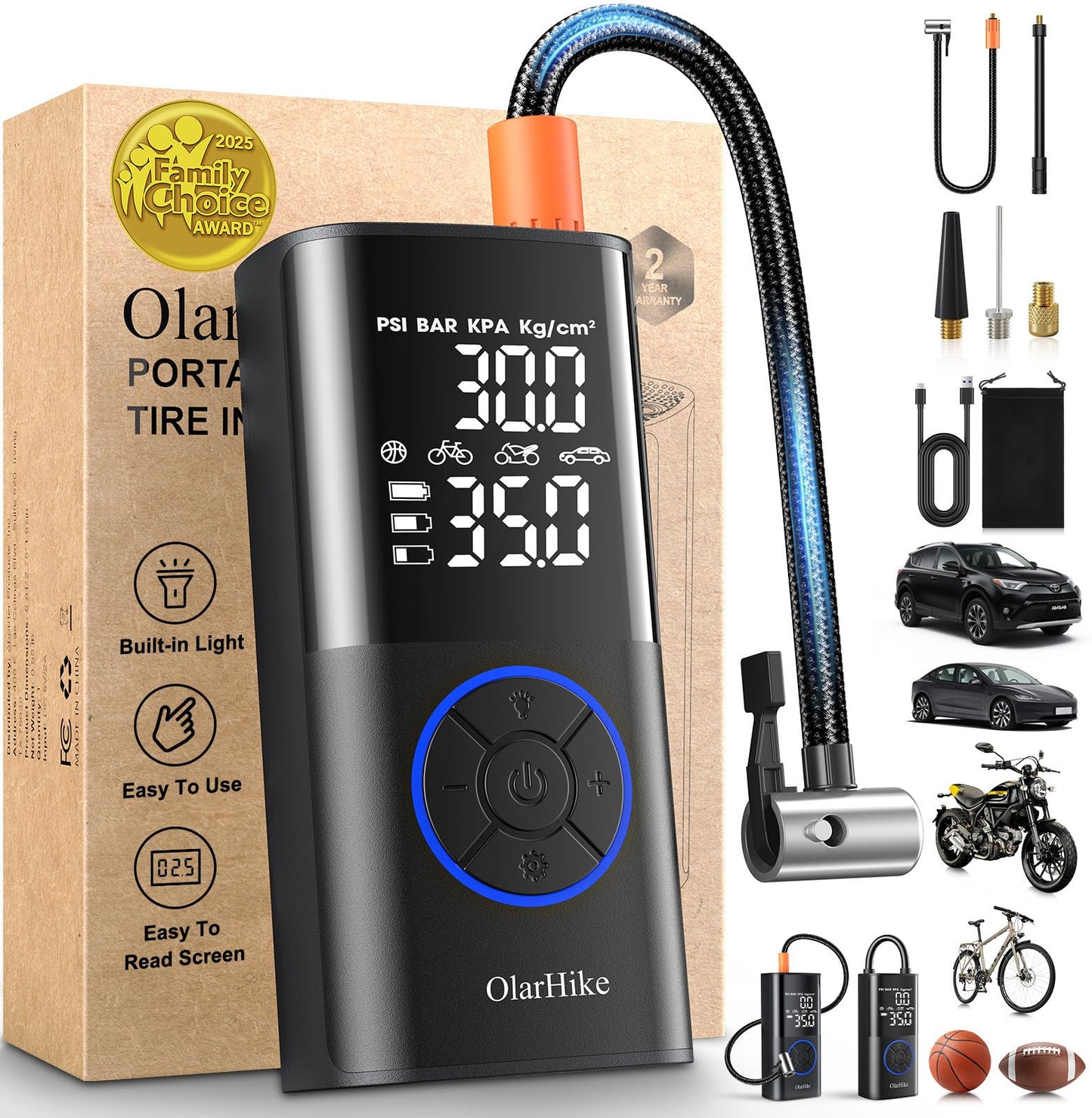 OlarHike Tire Inflator Portable Air Compressor, Smart Dual Hose System, Auto Air Pump for Car Tires, Bike,Bicycle, Motorcycles,Electric Pump with LED Light & Digital Pressure Gauge