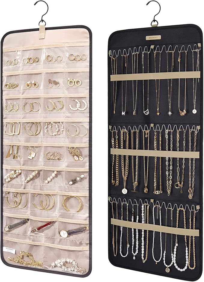 BAGSMART Hanging Jewelry Organizer Storage Roll with Hanger Metal Hooks Double-Sided Jewelry Holder for Earrings, Necklaces, Rings on Closet, Wall, Door, 1 piece, Large, Black