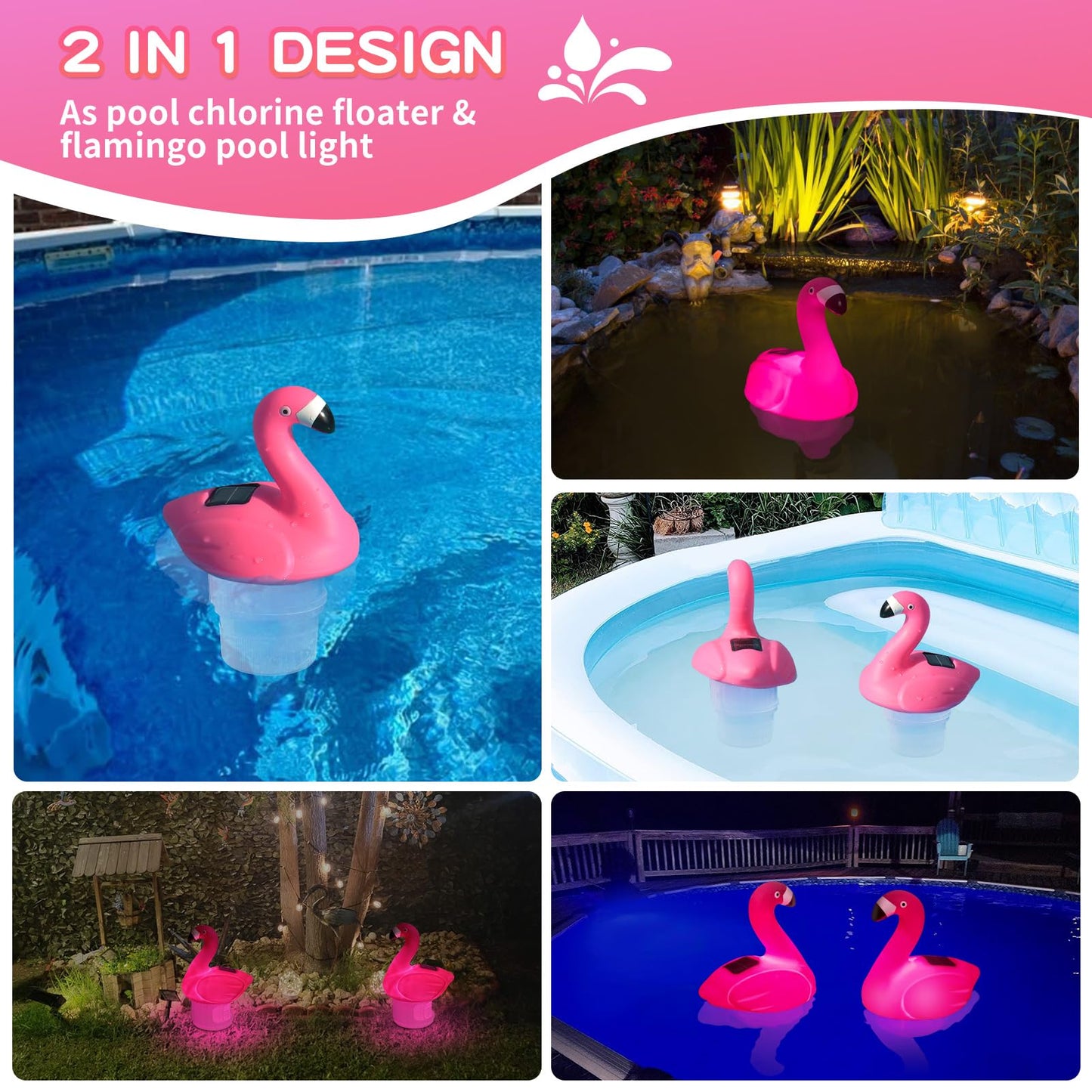 Uekars Solar Pool Chlorine Floater, Flamingo Chlorines Floater with Light, Glow in Dark Chlorines Tablet Floater (Red, 11 in)