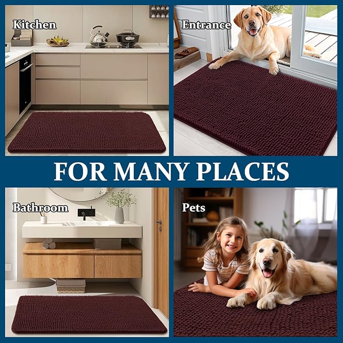 OLANLY Dog Door Mat for Muddy Paws 44x24, Absorbs Moisture and Dirt, Absorbent Non-Slip Washable Doormat, Quick Dry Chenille Mud Mat for Dogs, Entry Indoor Entryway Carpet for Inside Floor, Russet