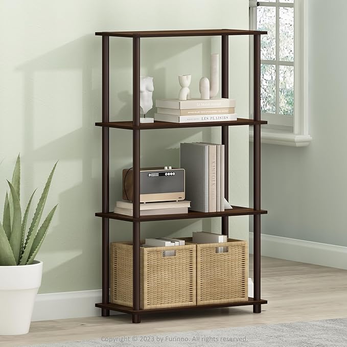 Furinno TURN-N-TUBE Storage Shelves, 4-Tier Toolless Book Shelf, Corner Shelf, Toolless Open Shelves, for Organization and Storage, Living Room, Garage, Home Office, Walnut