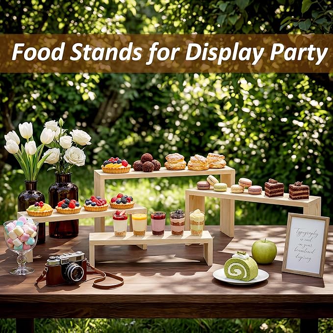 2 Set Wooden Cupcake Stand for Decor, 4 Tiered Stackable Display Risers, Farmhouse Decor Wood Dessert Table Display Set for Party, Vendor Events, Original Wood