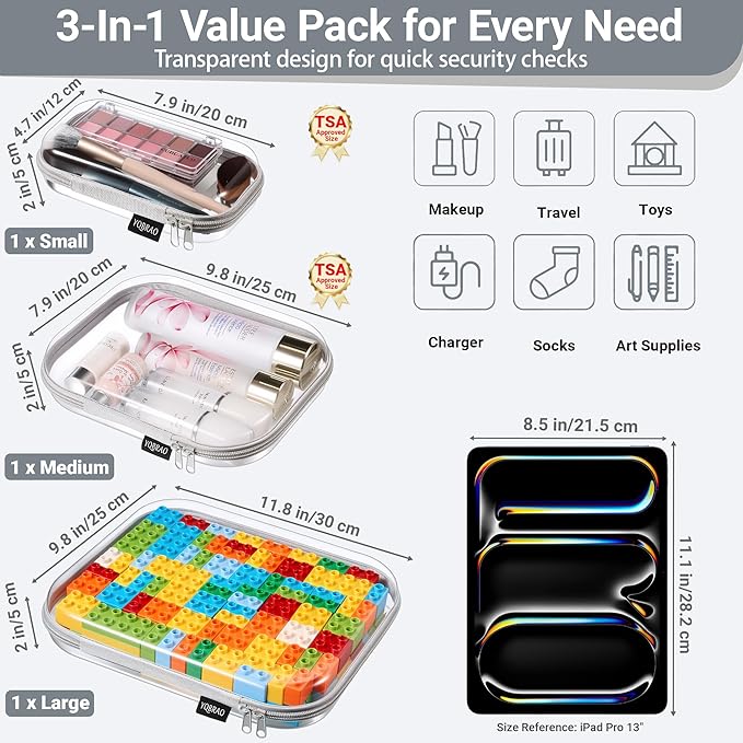 YQBRAO 3-Pack Clear Hard Shell Zipper Case Gray, 1.2mm Heavy-Duty Crush-Proof Travel Makeup Bag, Multi-Size (L+M+S) Diaper Bag Organizer Pouches, Rigid Clear Zipper Pouches for Tech, Toys & Home