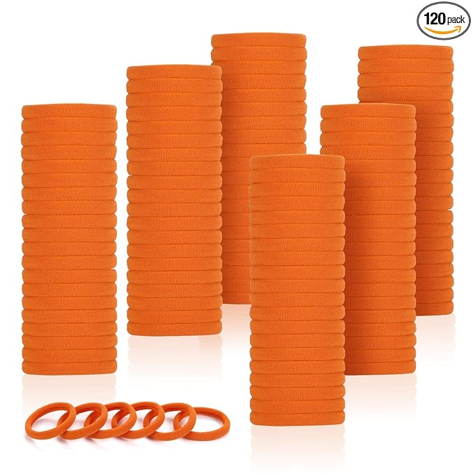 LuSeren 120 Pcs Orange Hair Ties for Women, No Damage Soft Seamless Nylon Hair Elastics for Thick Hair, Ponytail Holders, Solid Orange Hair Accessories