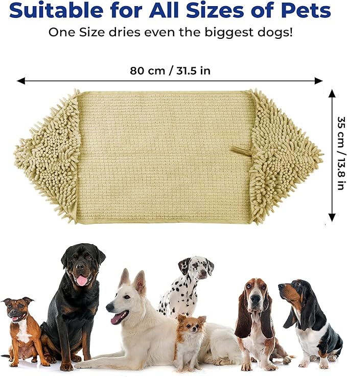 Muddy Mat® Doggy Dryer, Highly Absorbent Microfiber Washable Dog Shammy, Quick Drying Towel Absorber, Extra Soft Plush Wrap Chenille Bath Towels to Dry Soggy Large Pets & Small Puppy - Beige