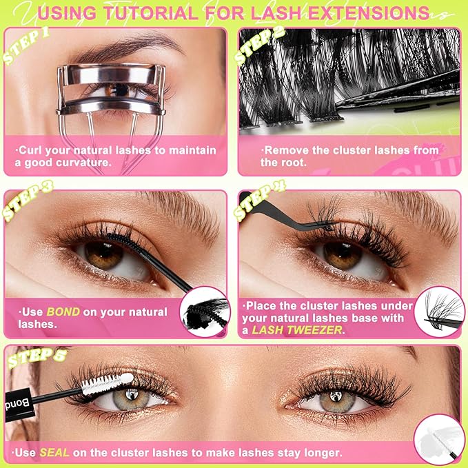 Lash Extension Kit 60D+80D+100D+200D Individual Lash Clusters 424PCS D Curl 10-18mm Volume Cluster Eyelash Extensions Kit with Lash Bond & Seal and Applicator for DIY Eyelashes Beginners