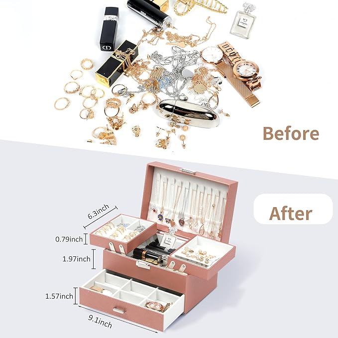 Dajasan Jewelry Organizer Box, Large Jewelry Boxes for Women Girls, Compact 3 Layers Jewelry Storage Case with Drawer, Gift Idea for Christmas, Valentine's Day, Birthday, Mother's Day (Rose Gold)