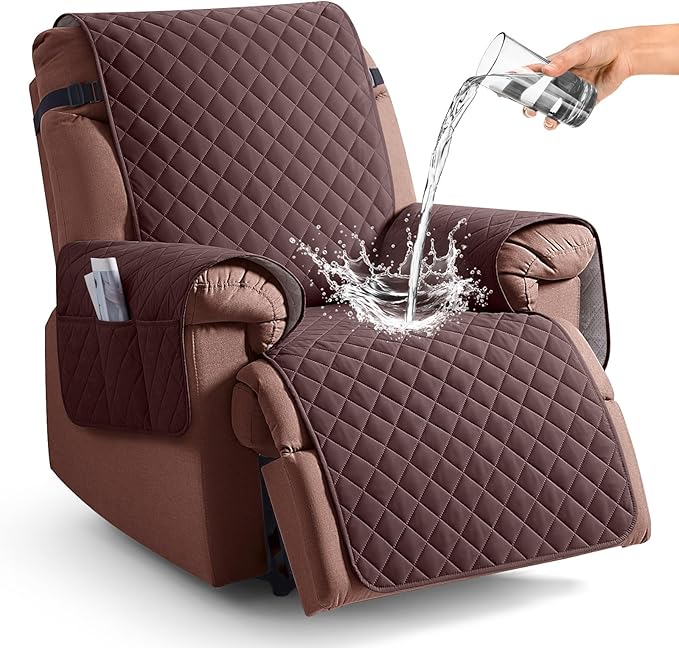 KinCam 100% Waterproof Recliner Chair Cover, Reclining Couch Covers for Pets, Dogs, Recliner Couch Slipcover Furniture Protector with Elastic Straps for Kids(23.6", Coffee)