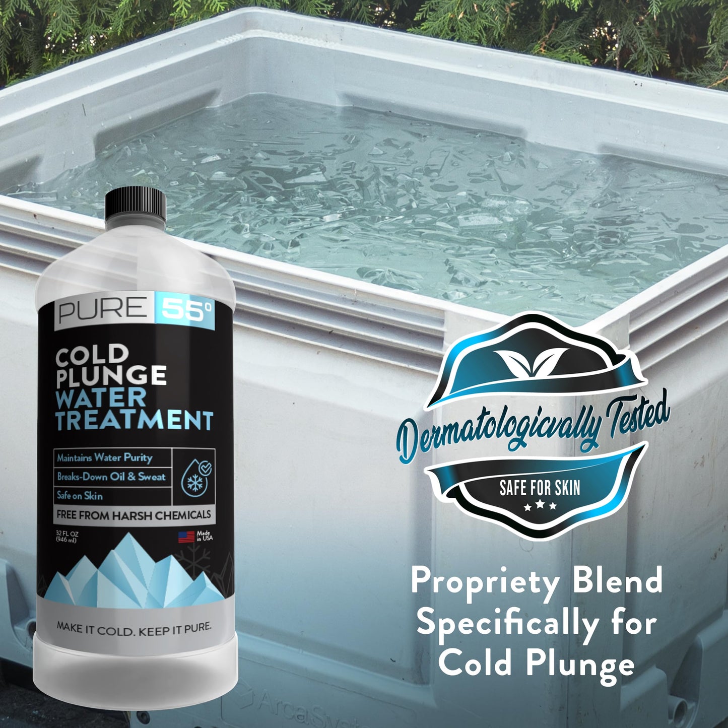 3in1 Cold Plunge Water Treatment, Weekly Natural Ice Plunge Stabilizer & Clarifier, Harsh Chemical Free, Fight Scum & Odors for Clear Waters - Pure55 Made in The USA (32 Fl Oz)
