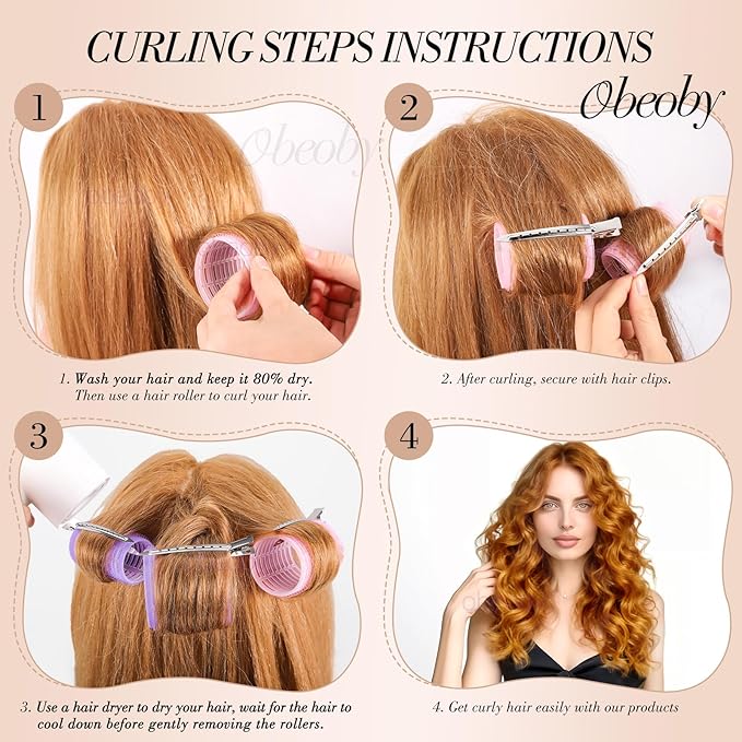 Obeoby 4 Sizes Hair Rollers for Women, 50 Pcs Set Hair Curlers with Clips Comb Curlers for Long Short Curly Hair and Bangs (25, 36, 48, 60mm), Pink Purple