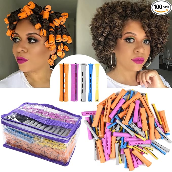 100pcs Perm Rods Set - 5 Sizes Cold Wave Rollers for Natural Curling, Styling and Hairdressing (Orange, Purple, Gray, Blue, Yellow)
