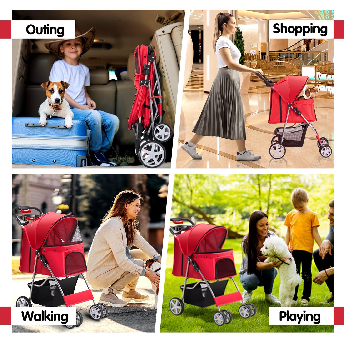 Azaeahom Pet Stroller, 4 Wheels Pet Strolling Cart for Medium/Small Dogs and Cats, Foldable Cat Jogger/Dog Stroller with Cup Holder, Storage Basket, Breathable Mesh, All-Season Pet Carrier, Red