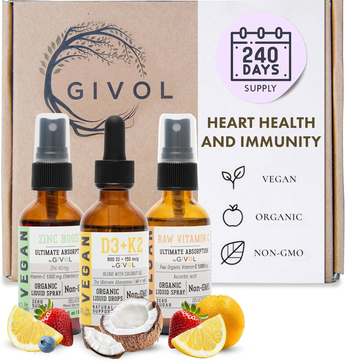 Immunity Support Pack - Raw Vitamin C, D3 & K2 Liquid, Zinc Picolinate - Premium Heart Health Vitamins w/Essential Minerals, Antioxidant Properties, & Cardiovascular Benefits - 180 Days Supply