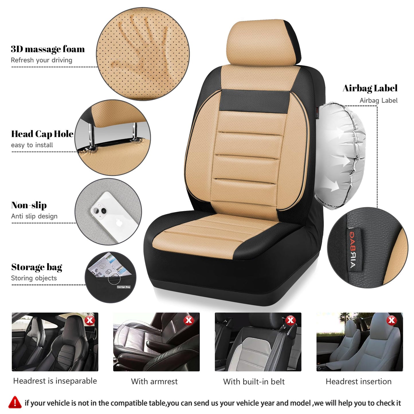 CAR PASS Faux Leather Car Seat Covers Front Seats Only, 3D Foam Support Car Seat Covers, Universal fit for Trucks Vans SUVs Sedans Automotive Comfortable, Airbag Compatible 2 Pieces Front Black Beige