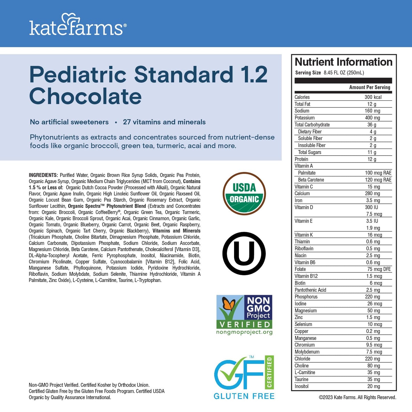 KATE FARMS Organic Pediatric 1.2 High Calorie Chocolate Nutrition Shake, 12g Protein, 27 Vitamins and Minerals, Meal Replacement, 8.45 oz (12 pack)