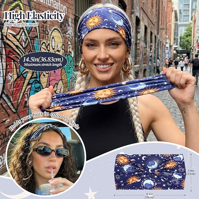 Awumbuk Wide Headbands for Women Knotted No Slip Head Bands Soft Turban Headband Hair Accessories Boho African Solid Color Head Wraps for Women Yoga Workout Pack of 6(Boho)