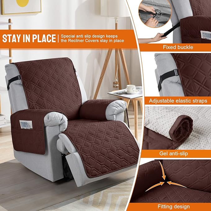 VANSOFY 100% Waterproof Recliner Chair Covers, Recliner Cover Non-Slip Dog Chair Cover Furniture Protector Washable Slipcover with Pocket, Elastic Straps for Pets, Dogs(Coffee, 22")