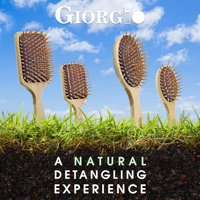 Giorgio Eco Friendly Wooden Bristle Hairbrush - Large Detangling Brush and Hair Growth Brush for Thick or Long Hair - Oval Paddle Hair Brush Made with Anti Static Beechwood, Silicone Massage Cushion