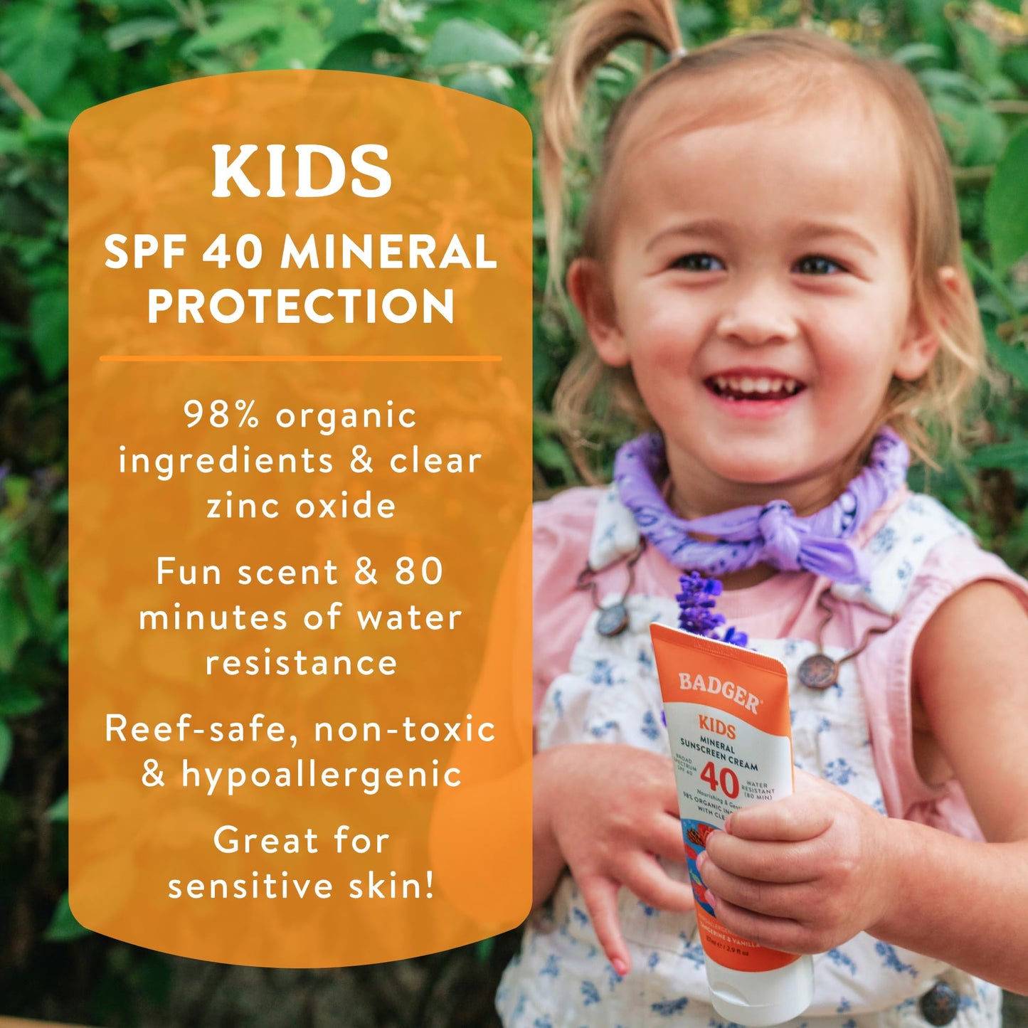 Badger Kids Mineral Sunscreen Combo, SPF 40 Cream + SPF 35 Kids Face Stick, 98% Organic Ingredients with Mineral Zinc Oxide, Water Resistant, Reef Safe Broad Spectrum, Tangerine & Vanilla Scent