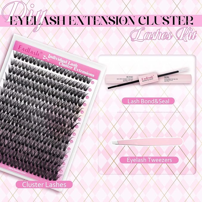 FADLASH Lash Clusters Kit Lash Extensions Individual Lashes D Curl 12-18mm Eyelash Clusters with Lash Bond and Seal Lash Tweezers Natural Lash Clusters Kit 280Pcs