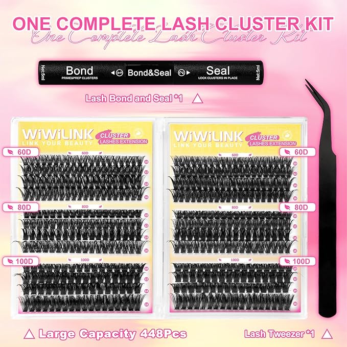Fluffy Lash Clusters Kit 448Pcs, Wispy Volume (60D/80D/100D) D-Curl Cluster Eyelash Extensions 10-16mm + Bond & Seal Glue + Tweezers - Reusable 15+ Times, Natural to Dramatic Volume