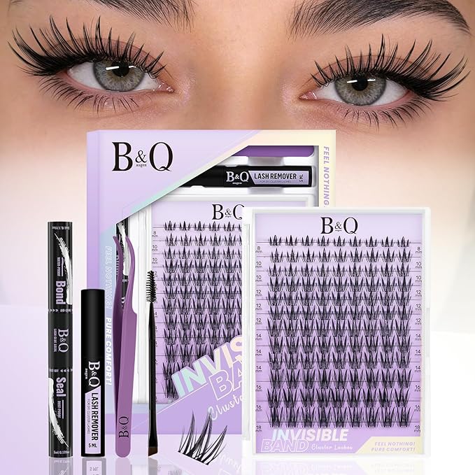 B&Q Bella Lash Clusters Kit Natural Lashes Clusters Wispy Invisible Band Manga Lashes Individual Lashes Bond and Seal Eyelash Extension Kit Easy Removal (Bella Kit)