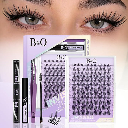 B&Q Bella Lash Clusters Kit Natural Lashes Clusters Wispy Invisible Band Manga Lashes Individual Lashes Bond and Seal Eyelash Extension Kit Easy Removal (Bella Kit)