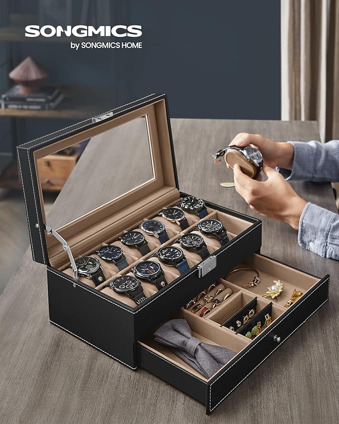 SONGMICS Watch Box, 12-Slot Watch Case Organizer with Large Glass Lid, 2 Layers, Removable Pillows, Metal Lock, Gift for Loved Ones, Black Synthetic Leather, Gray Lining UJWB012