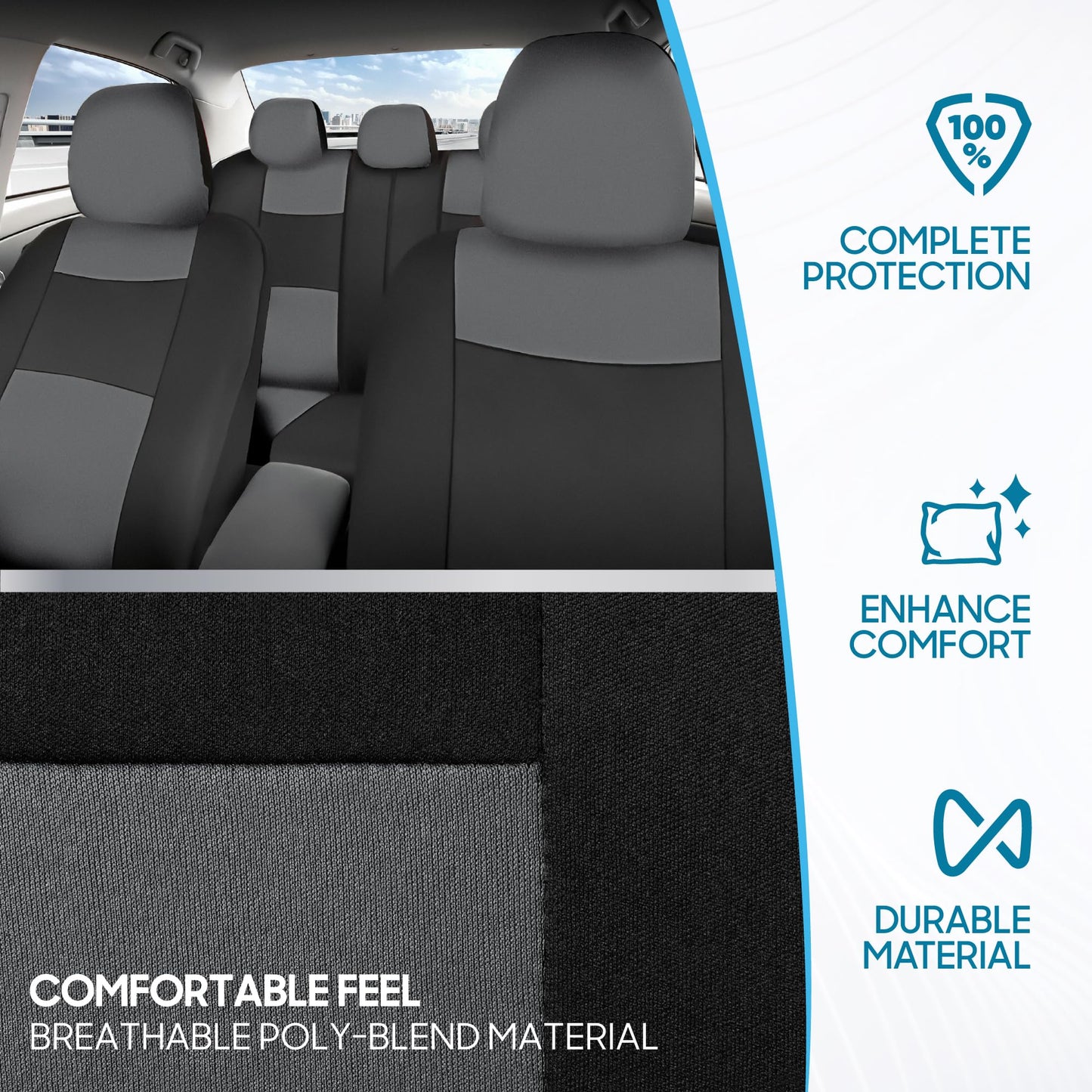 BDK PolyPro Car Seat Covers Full Set in Gray on Black, Front and Rear Split Bench Seat Covers for Cars, Easy to Install Car Seats Cover Set and Accessories for Auto Trucks Van SUV - Gray