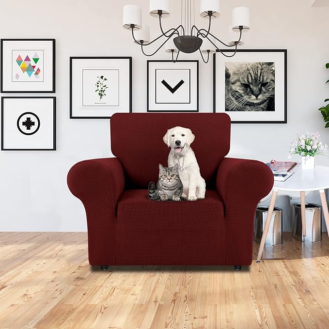 LURKA Stretch Chair Sofa Slipcovers 1 Piece Couch Covers for Sofa Furniture Protector Full Sofa Covers with Elastic Bottom for Kids and Dog (Small,Dark Red)