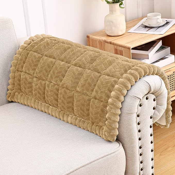 Smiry Non Slip Couch Armrest Covers for Dogs, Fuzzy Pet Couch Arm Covers for Sofa Pet Friendly, Soft Sofa Slipcovers Recliner Chair Arm Protector Washable (Camel, 27.6" x 27.6")