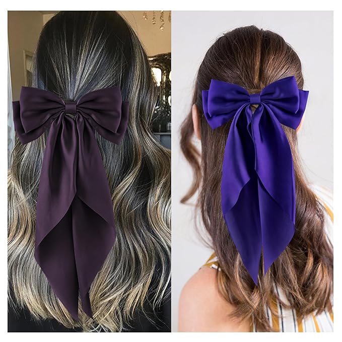6Pcs Large Bows Hair Clips for Women Girls Long Tail Hair Ribbon Silky Satin Barrettes Coquette Bows Accessories (Black/Purple/Purplered)