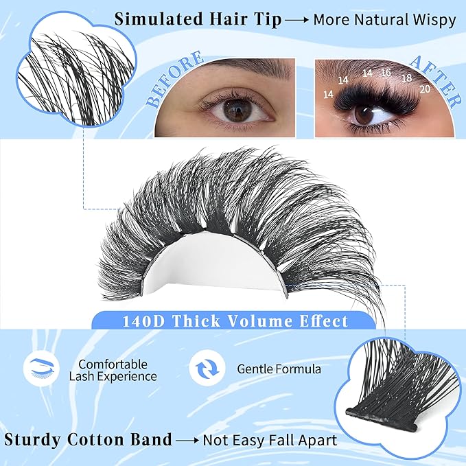 Lash Clusters 140D Thick Eyelash Clusters 12-25mm Wispy Individual Mega Volume Lashes D Curl Long Cluster Eyelash Extensions 256Pcs DIY Lash Extension at Home, by Yaiseiko(Plant Fiber)