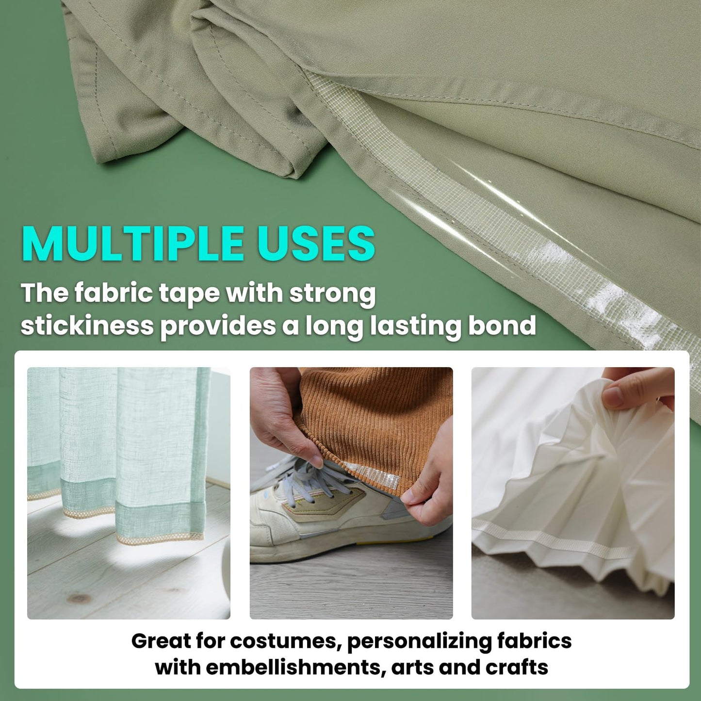 Birllaid White No Sew Hemming Tape Double Sided,Sticky Strong Adhesive Cloth Leather Tape Press-on Tape, No Ironing, Gluing, Alterations and Hemming,Easy to Remove 1/2 Inch x 200 Feet