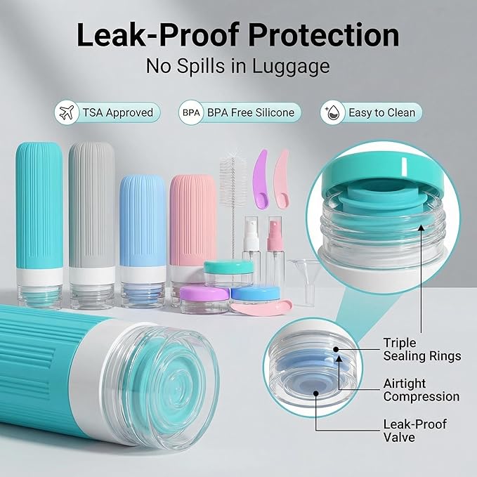 Vitog 16 Pack Travel Bottles Set, TSA Approved Silicone Toiletry Containers for Shampoo & Conditioner, Leak Proof Refillable Traveling Size Liquid Containers, Travel Essentials Toiletry Bottles