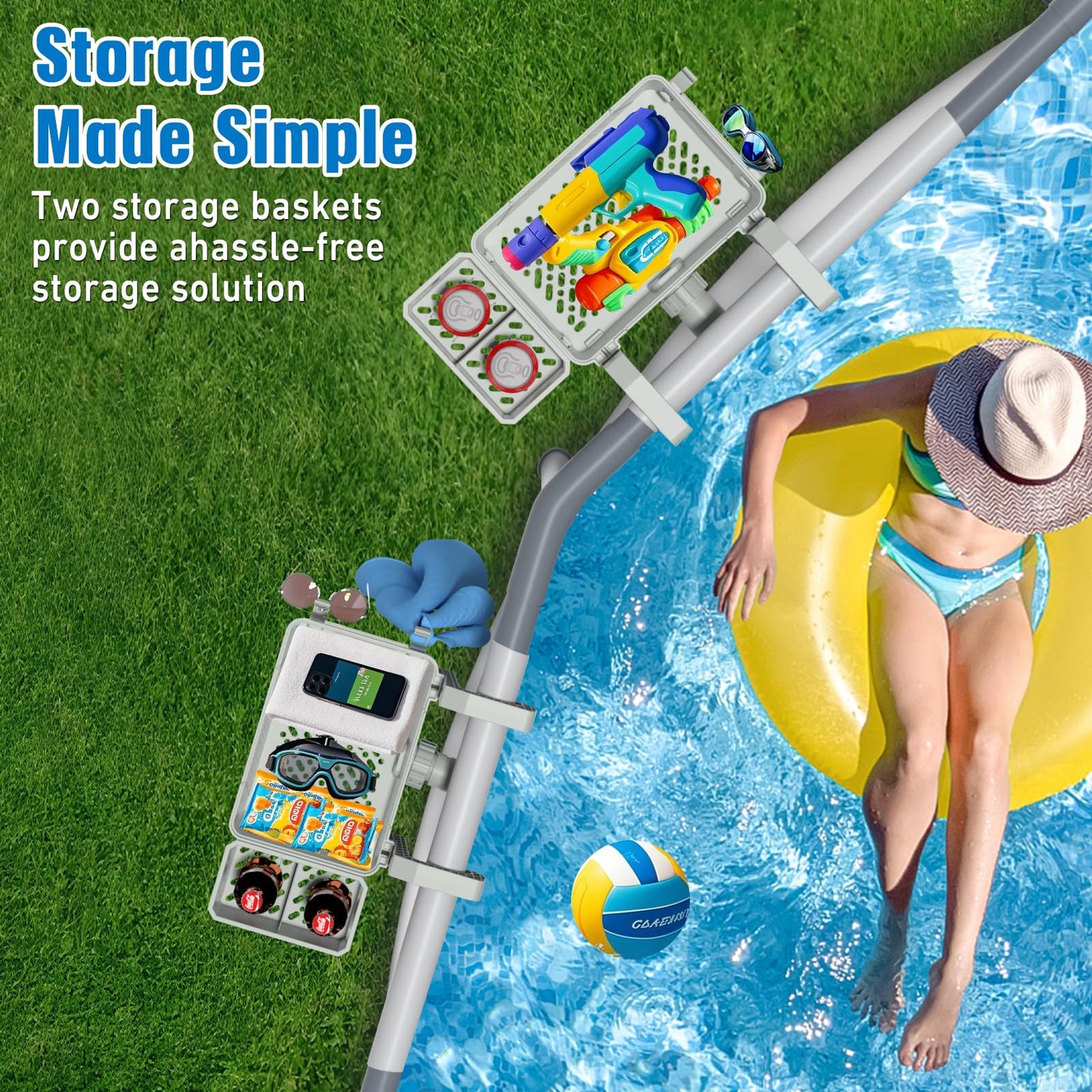 HKQ 【2026 Upgrade】 2 Sets Poolside Storage Basket with Cup Holders, Above Ground Pool Accessories, Swimming Pool Storage Basket 3-in-1 Functionality, Fits 3 Inch or Less Top Rail (Grey, 2Pcs)