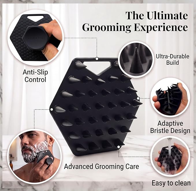 The BEARD BLACK Silicone Beard Scrubber - Deep Cleansing Beard Brush for Men - Manual Exfoliating Face Scrubber for Beardruff & Flake Removal - Soft Touch Grooming Tool for Shower & Travel