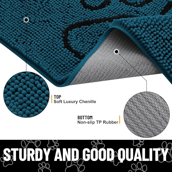 Smiry Dog Door Mat for Muddy Paws, Absorbent Dirt Trapper Non Slip Quick Dry Washable Chenille Mat for Mud Dogs, Entry Rug for Indoor and Outdoor (48x30 Inches, Atlantic Blue and Black)