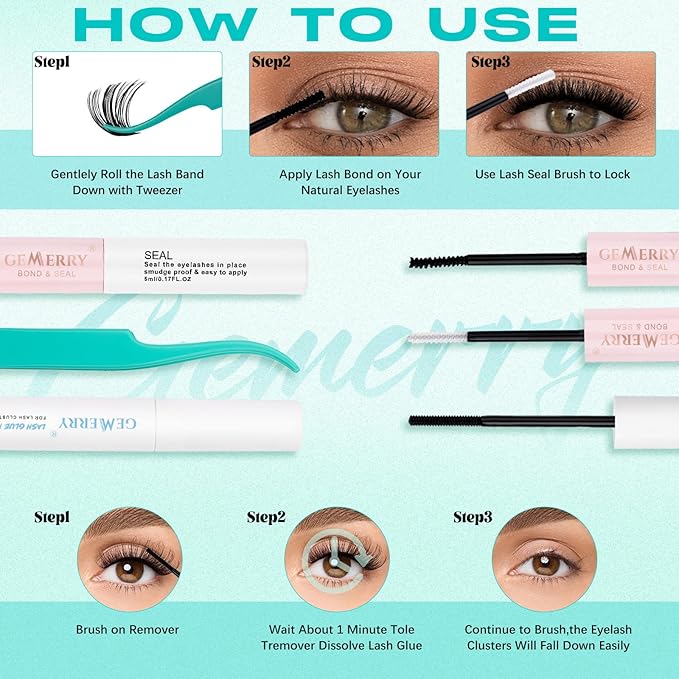 GEMERRY Lashes Clusters Kit Thick Lash Clusters 4 Styles 882Pcs Fluffy Lash Clusters Kit with Waterproof Bond and Seal Remover Tweezers for Beginners（60P+80P+100P+200P）