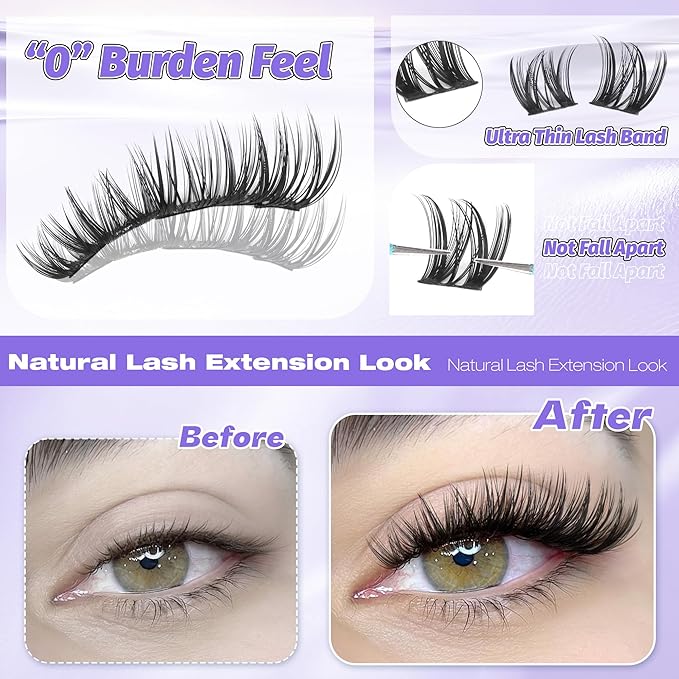 ALICE Short Lash Clusters 8-12mm Wispy Volume Eyelash Extensions Natural Thin Band Eyelash Clusters Individual Lashes DIY Lash Extensions