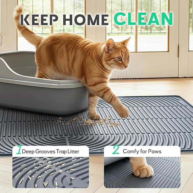Cat Litter Box Mat,47" x 35" Extra Large Silicone Waterproof Litter Trapping Mat for Scatter Control Soft on Kitty Paws Non-Slip Easy to Clean