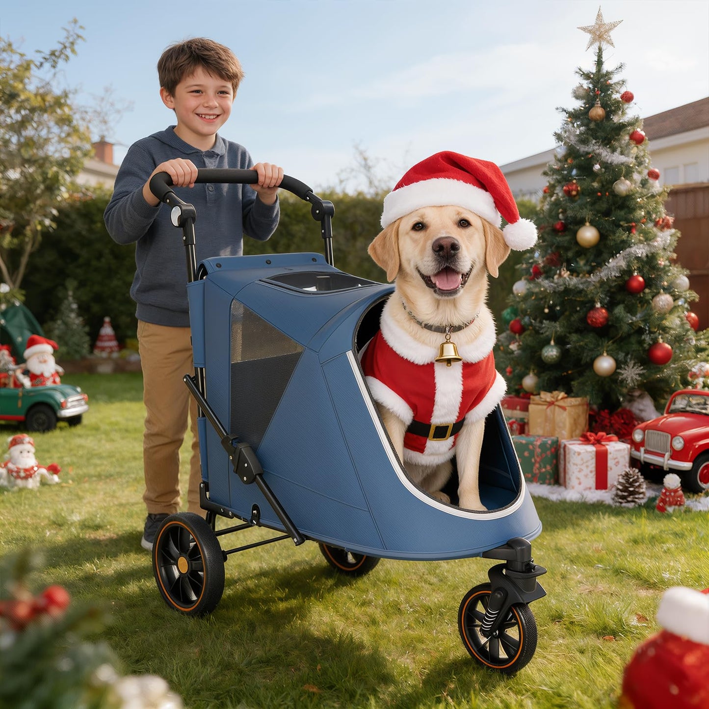 MoNiBloom Pet Stroller for Large Dogs or Multiple Dogs Cats with Adjustable Handle, 3-Wheels Dual Entry Portable Dog Carting Easy Folding Pet Wagon Double Dog Stroller up to 55 lbs, Navy Blue