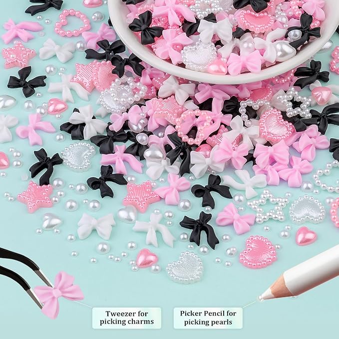 600 Pcs 3D Nail Charms and Flatback Pearls #8, 3 Colors Bow + Pink&White Star Heart Cute Charms + 2-6mm White Pearls for Nail Art Design with Nail Charm Glue(UV Needed) and Pickup Tools