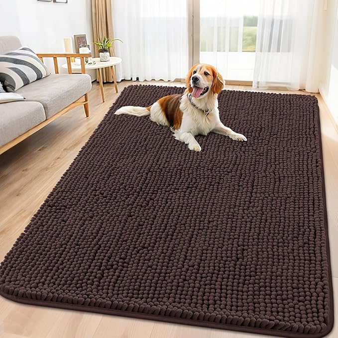 Smiry Dog Door Mat for Muddy Paws 70x35, Absorbs Moisture and Dirt Doormat, Non-Slip Washable Quick Dry Chenille Front Door Mat Indoor Entrance, Entryway Carpet for Inside Floor, Brown