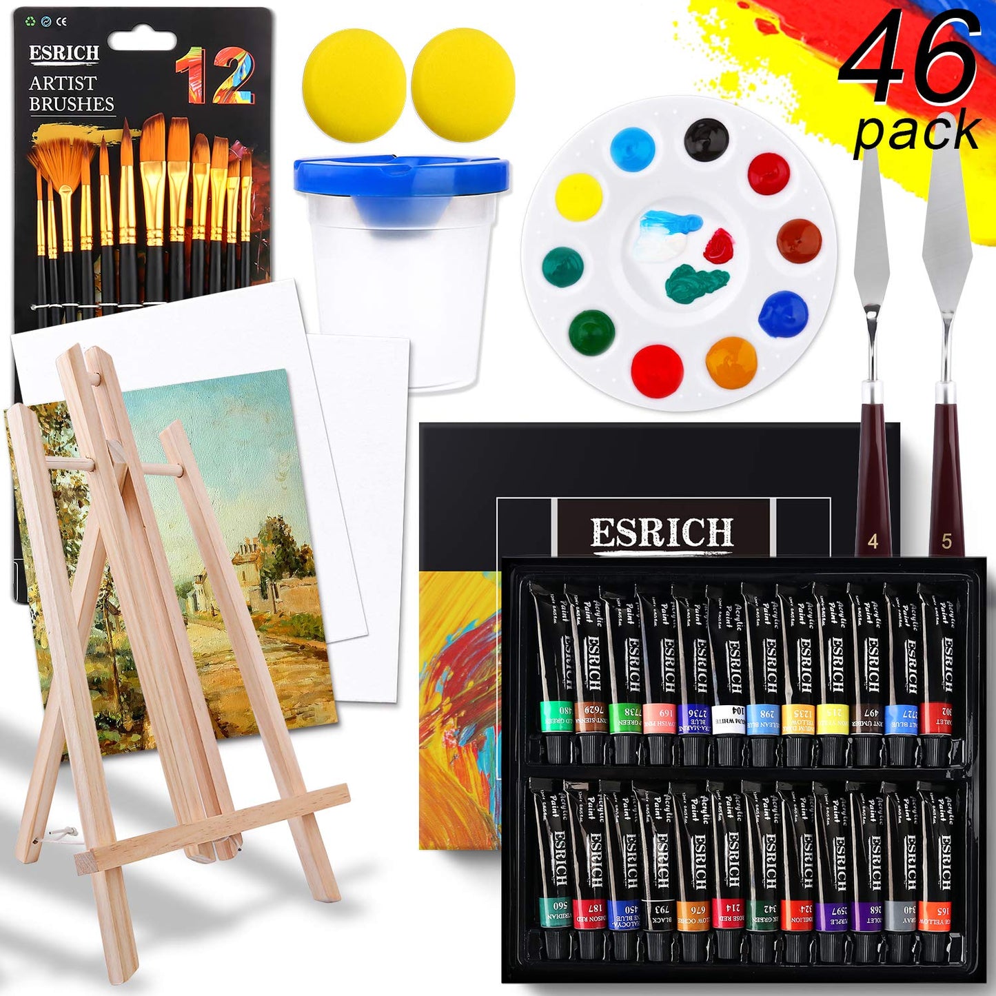 ESRICH Acrylic Paint Set,46 Piece Professional Painting Supplies with Paint Brushes, Acrylic Paints, Easel, Canvases, Palette, Paint Knives, Brush Cup and Art Sponges for Hobbyists and Beginners